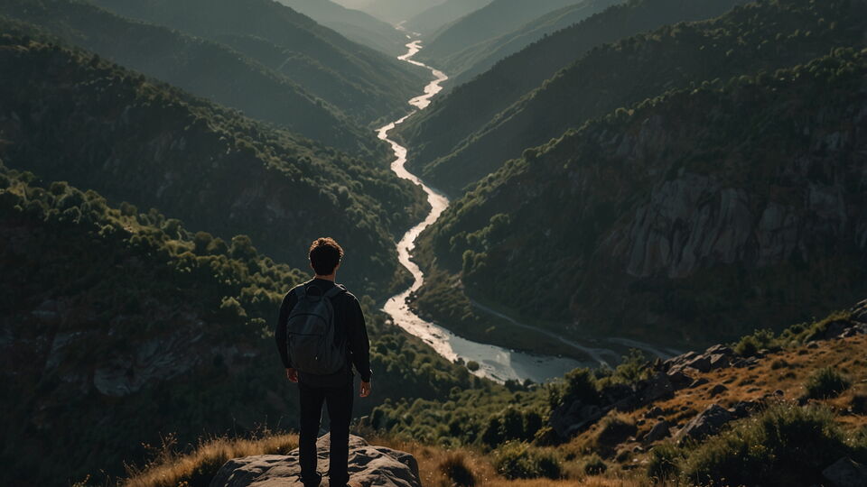 Ein Mann steht auf einem Felsen und blickt auf das tief unter im liegende Tal, durch das sich ein Fluss in mehren Windungen schlängelt.