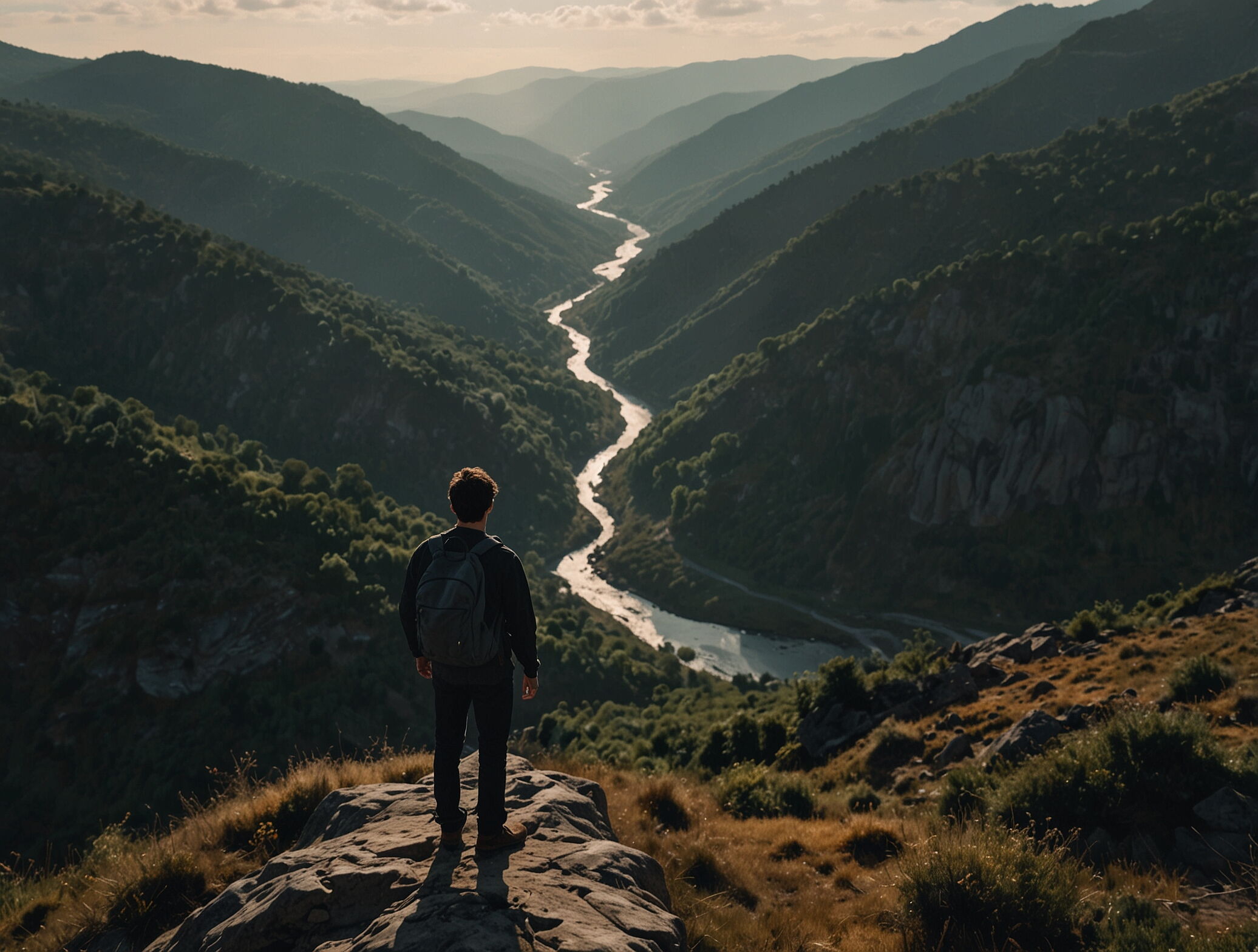 Ein Mann steht auf einem Felsen und blickt auf das tief unter im liegende Tal, durch das sich ein Fluss in mehren Windungen schlängelt.